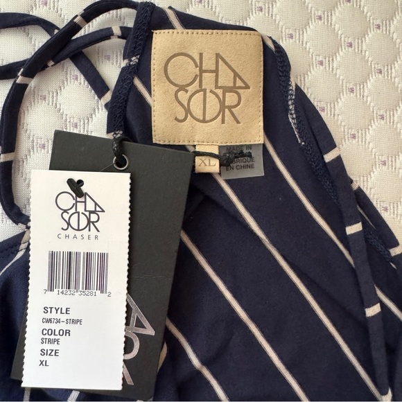 NWT Chaser Halter Cowl Neck Tank Top Navy Bias Stripe XL - Picture 3 of 6